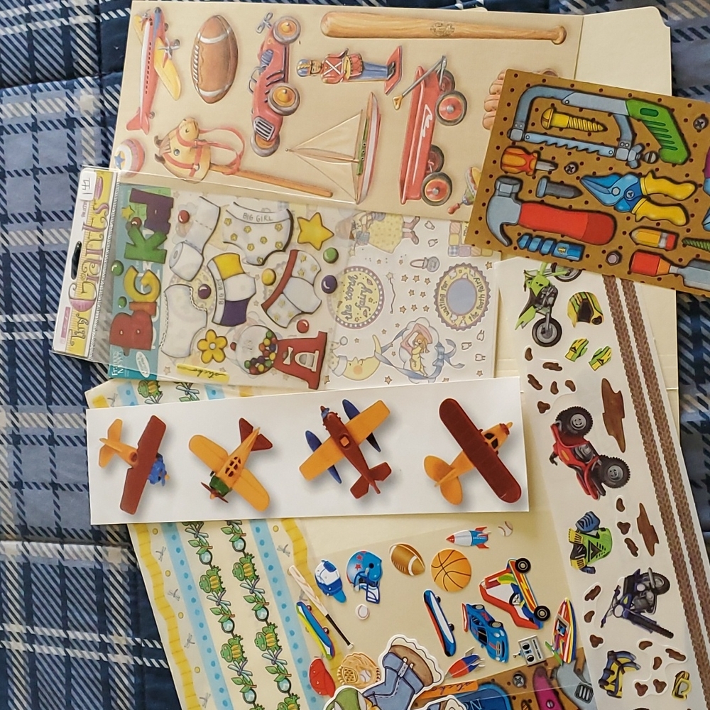 Boy Sticker Bundle Lot Stickers Motorbike Tools Airplane Wagon Frogs Scrapbookin